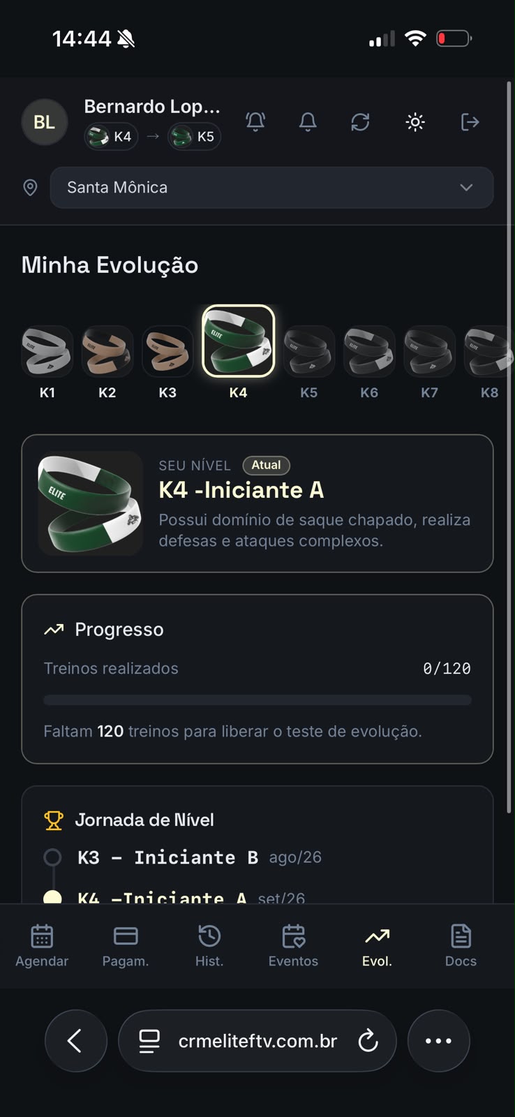 Tela do aplicativo Elite com nível atual e progresso na jornada de evolução